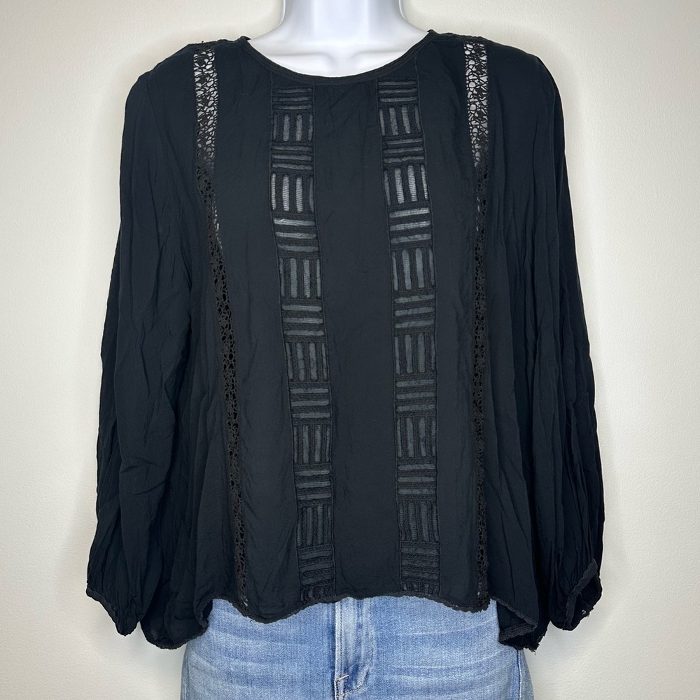 Wilfred Black Crocheted Lace Inset Long Sleeve Modal Cotton Top Women’s Medium
